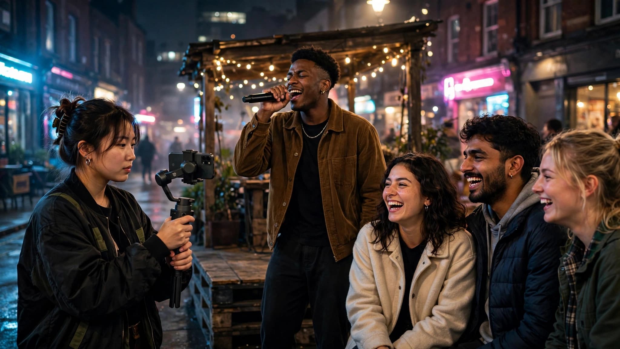 Creators performing and filming together at night